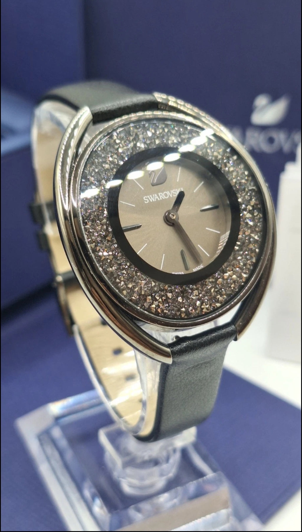 Swarovski Crystalline Oval Gun Metal Black Watch - 5158517-  Leather Wristband