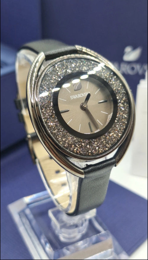 Swarovski Crystalline Oval Gun Metal Black Watch - 5158517-  Leather Wristband