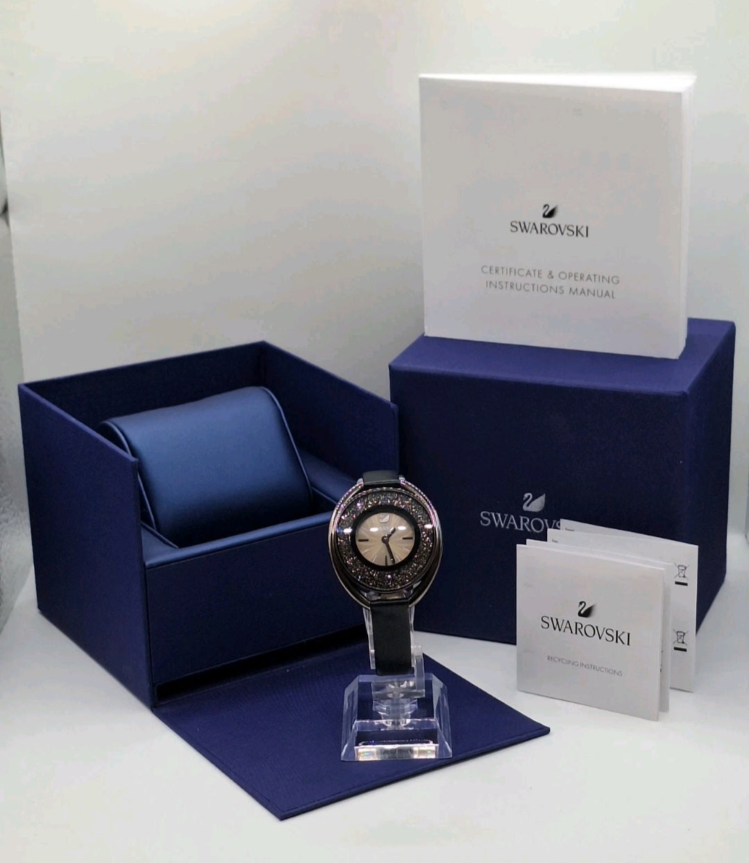 Swarovski Crystalline Oval Gun Metal Black Watch - 5158517-  Leather Wristband