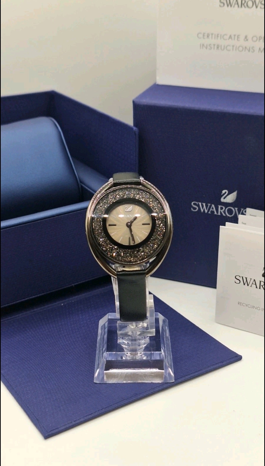 Swarovski Crystalline Oval Gun Metal Black Watch - 5158517-  Leather Wristband