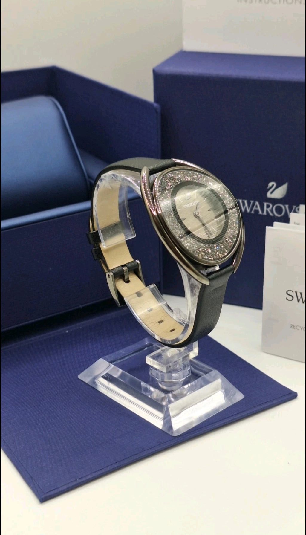 Swarovski Crystalline Oval Gun Metal Black Watch - 5158517-  Leather Wristband
