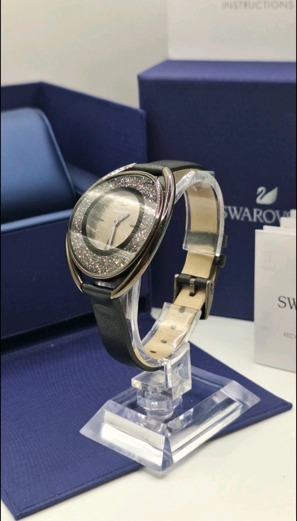 Swarovski Crystalline Oval Gun Metal Black Watch - 5158517-  Leather Wristband