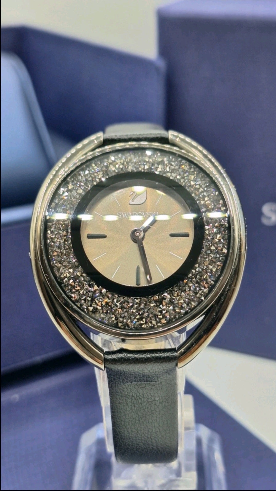 Swarovski Crystalline Oval Gun Metal Black Watch - 5158517-  Leather Wristband